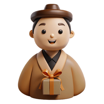 Smiling 3D Character in Traditional Clothing Holding a Gift png