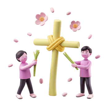 3D Illustration of Two People Decorating a Cross with Flowers and Branches png