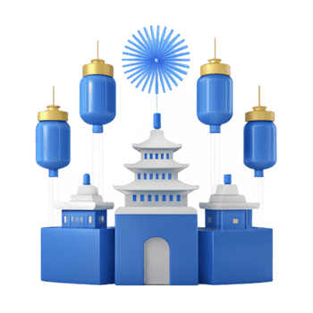 Blue and White Pagoda with Fireworks png