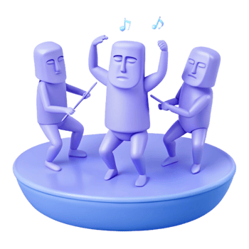 Three 3D Characters Dancing on a Platform with Music Notes Above png