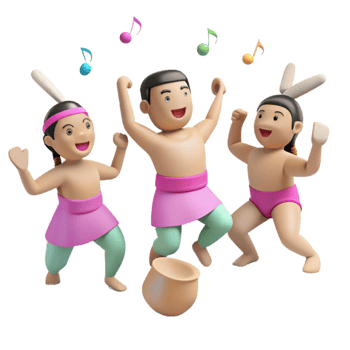 Cheerful Cartoon Characters Dancing with Musical Notes png