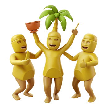 Three 3D Cartoon Characters Celebrating with a Palm Tree png