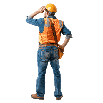 Back view of construction worker looking at something up, standing isolate on transparency background png