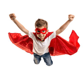 Little boy flying with superhero red cape and mask isolate on transparency background png