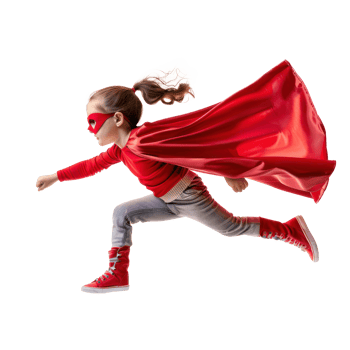 Little girl flying with superhero red cape and mask isolate on transparency background png