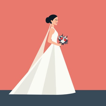Bride's Joyful Moment with Her Bouquet and Elegant Dress vector