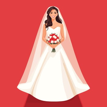 Graceful Bride Posing with Her Bouquet and Wedding Dress vector