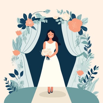 Graceful Bride in a Stunning Dress, Holding a Floral Arrangement vector