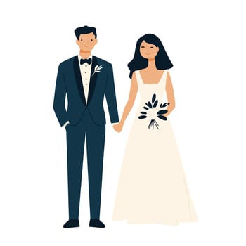Loving Wedding Couple Holding Flowers and Staring into Each Other's Eyes vector