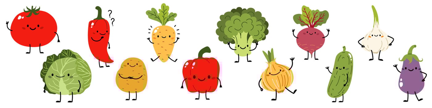 Set of illustrations in children's style. Cute vegetables in different poses and with cute faces. Cabbage carrots broccoli onion garlic tomato potato pepper eggplant cucumber beet vector
