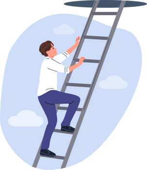 Man climbs career ladder, using ambition to achieve new successes and professional growth. Guy with motivation for career growth, accepts challenge and boldly strives to take top position png
