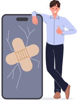 Phone screen repair from man covering cracked display with medical plaster and showing thumbs up. Repairing phone and restoring functionality of gadget yourself after smartphone falls on asphalt png