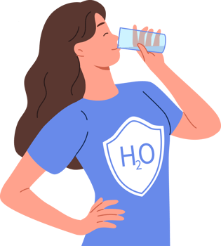 Woman drinks water from glass, dressed in t-shirt with h2o logo, uses aqua therapy to cleanse of toxins. Girl enjoys taste of purified mineral water obtained in environmentally friendly place png