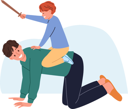 Family relationships of positive boy playing knight-rider with smiling father. Happy family of cheerful dad riding kid with toy sword on back and enjoying raising son independently. png