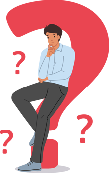 Man looking for answer to question and is considering options for solving problems that have arisen. Question marks around guy in need of help due to troubles caused by financial crisis png
