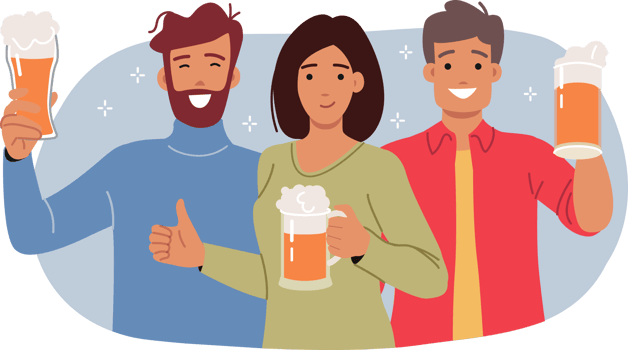 Beer party for positive people holding glasses of foamy ale purchased at bar or nightclub. Cheerful friends showing thumbs up, rejoicing at opportunity to meet and relax in beer restaurant png