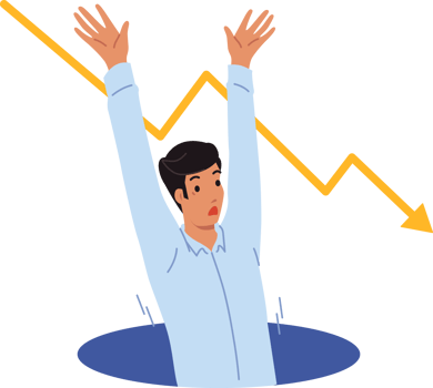 Man falls into crisis pit and raises hands up calling for help to avoid bankruptcy. Crisis graph near guy who was fired from job and suffering professional failures on way to success png