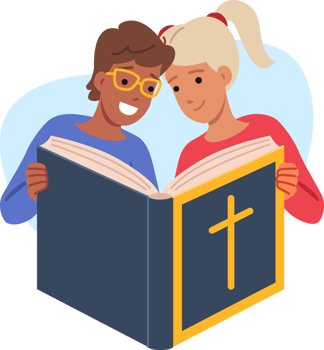 Childrens bible in hands of little boy and girl studying christian literature about catholic faith. Kids book bible with religious crucifix on cover, to explain gospel in accessible language png