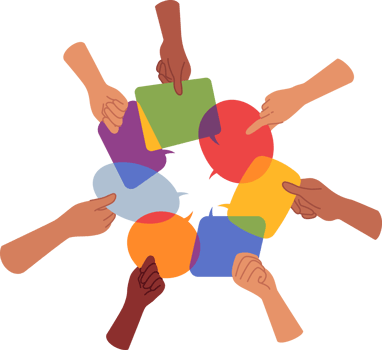 Exchange of opinions and discussion of important issues between people holding dialogue boxes in hands. Conversation bubbles as metaphor for exchange of opinions and collective feedback png