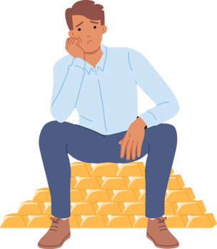 Rich man sits on gold bars and is sad due to lack of knowledge where to invest money. Investor guy keeps capital in real gold and is upset after fall in prices for precious metals. png