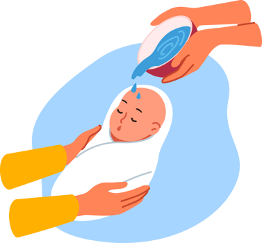 Ritual of baptism for infant in christian religion, and use holy water in church, to protect child from evil forces. Hands watering baby from bowl during baptism and choosing godmother and godfather png