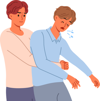 Man performs heimlich maneuver for choking friend, providing first aid to save human. Instructions for heimlich maneuver from guy rescuing patient at risk of dying due to blocked airway png