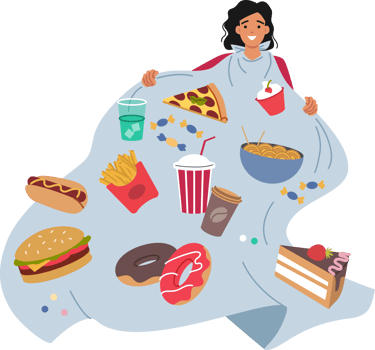 Problem of gluttony and overeating in woman, addicted to junk food and soda that destroys health. Girl suffers from gluttony due to psychological trauma or compulsive personality disorder png