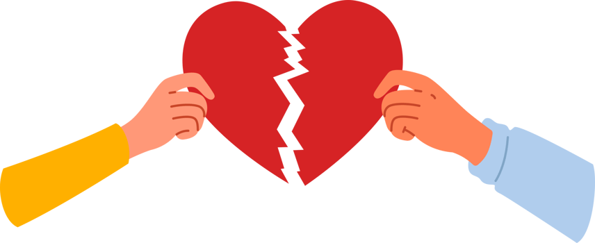 Broken heart symbolizing separation and destruction of relationships in hands of people who have become victims of family quarrel. Couple shows broken heart after divorce and problems in marriage png