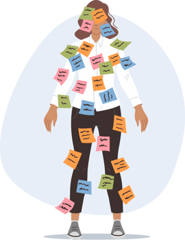 Importance of multitasking causes stress for business woman, with stickers on face and body. Girl office worker needs increased productivity and multitasking skills for career growth png