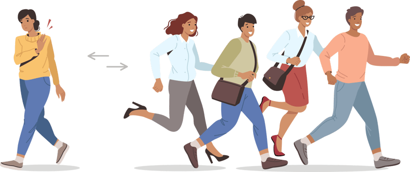Woman has given up career race and wants to take different path from one imposed by society. Unambitious girl walks in opposite direction from running people, participants in career race. png