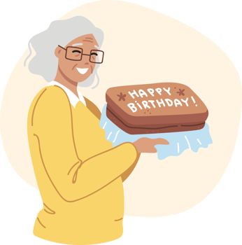 Birthday cake in hands of happy elderly woman celebrating centenary and rejoicing in congratulations from family. Grandma birthday ready to receive gifts and listen to compliments. png