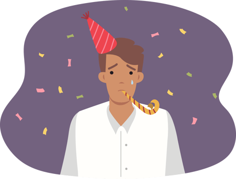 Upset man celebrates birthday alone and cries because of lack friends standing among falling candy. Sad birthday party for guy experiencing stress and depression after feeling old age is approaching png