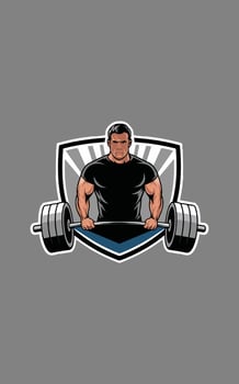 Strongman holding barbell shield logo design vector