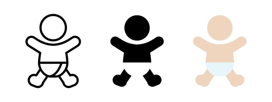 Baby icon. Child symbol. Kid illustration. Infant sign. Toddler with diaper pictogram. Newborn with nappy concept. Baby boy silhouette. Children icon set. vector