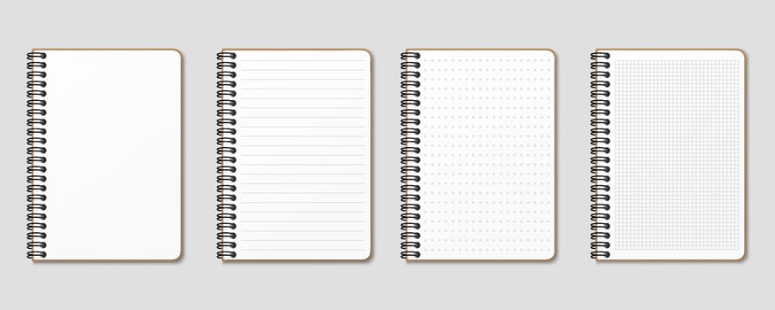 Realistic notepad. Lined, gridded and dotted sheets. Blank sheets of notebook with grid for homework and exercises. Creative illustration mock up diary. vector