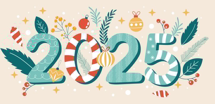 Colourful hand drawn Christmas banner with numbers 2025 and winter decoration. vector