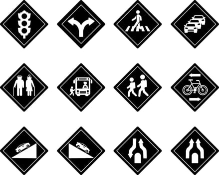 Black Diamond Shaped Road Signs. Traffic Light, Fork, Crosswalk, Traffic Jam, Elderly, School Bus, Steep Descent and Ascent, and Others vector
