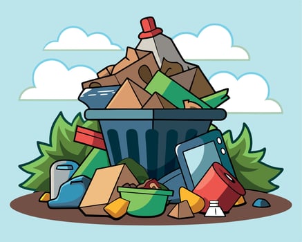 Trash bin with pile of garbage. Plastic and bottle dump. Recycle and pollution concept. Ecology environmental, dirty city dustbin vector