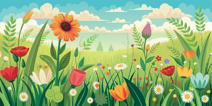 Flower landscape. Summer outdoor field scenery. Panoramic herb bloom. Herbal grass meadow. Nature green background. Beautiful floral spring garden vector