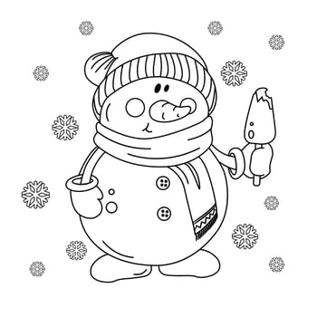Outline snowman with ice cream. Winter coloring book page vector