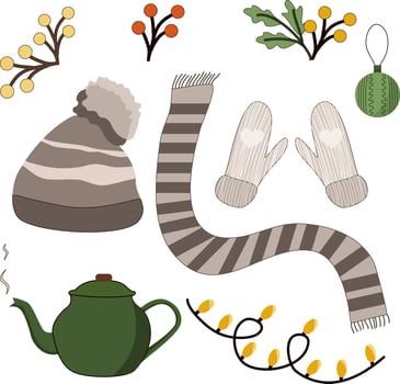 Set with cozy winter elements. Scandinavian hygge set with warm, cozy winter elements isolated on white background. vector