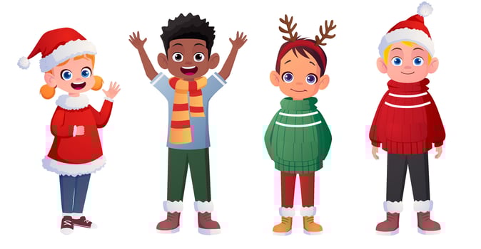 Happy Cartoon Kids Celebrating Christmas in Winter Jackets Illustration vector