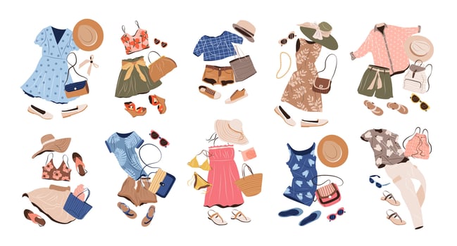 Outfits set in casual style for women. Fashion clothing, accessories, swimwear, bags, shoes for spring, summer and vacation. isolated flat illustrations. vector