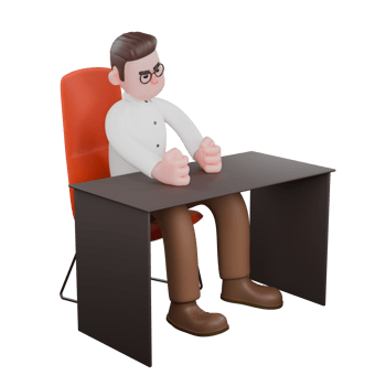 Sociologist in 3D. A male sociologist is sitting on his desk chair while both his hands are clenched on the table. Male Professional png