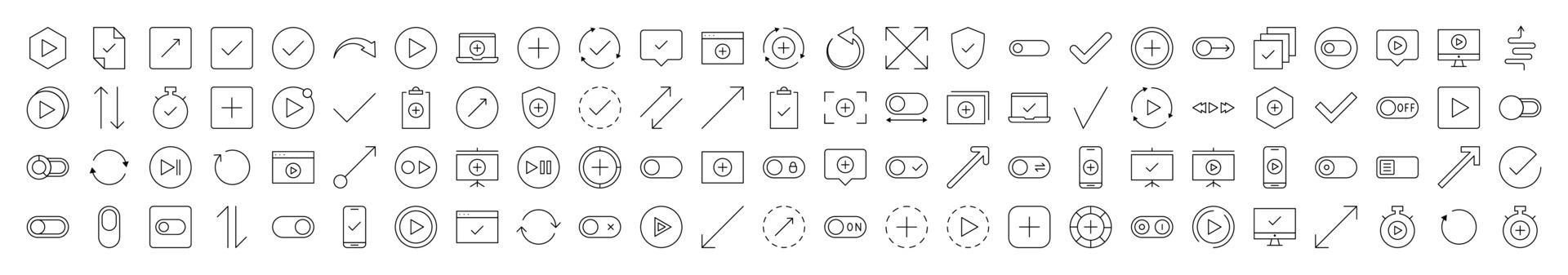 Interface Icon Collection. Contains Icons of Arrows, Plus, Check, Play that Can Be Used for Design of Cards, Posts, Apps, Web Sites vector
