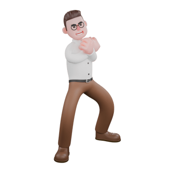 Male Professional Sociologist - 3D Character. A male sociologist is standing with his feet apart and his hands clenched and crossed on his chest. Cartoon png