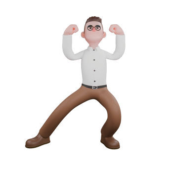 3D Social Expert Sociologist. A male sociologist is standing with his right leg stretched straight to the right and his left leg bent, while both his hands are clenched upwards. Cartoon Illustrated png