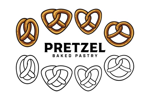 pretzel baked pastry with any shape colorful and outline badge logo design set for bakery and restaurant. dough pretzel bread illustration logo template for snack, recipe, chef vector