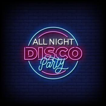 disco party neon sign with brick wall background vector