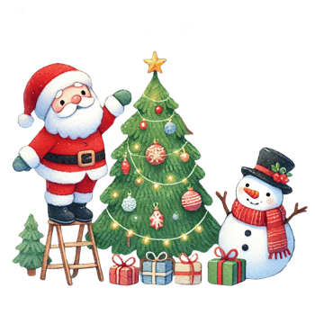 Cheerful Santa decorating a Christmas tree with a snowman and presents. png